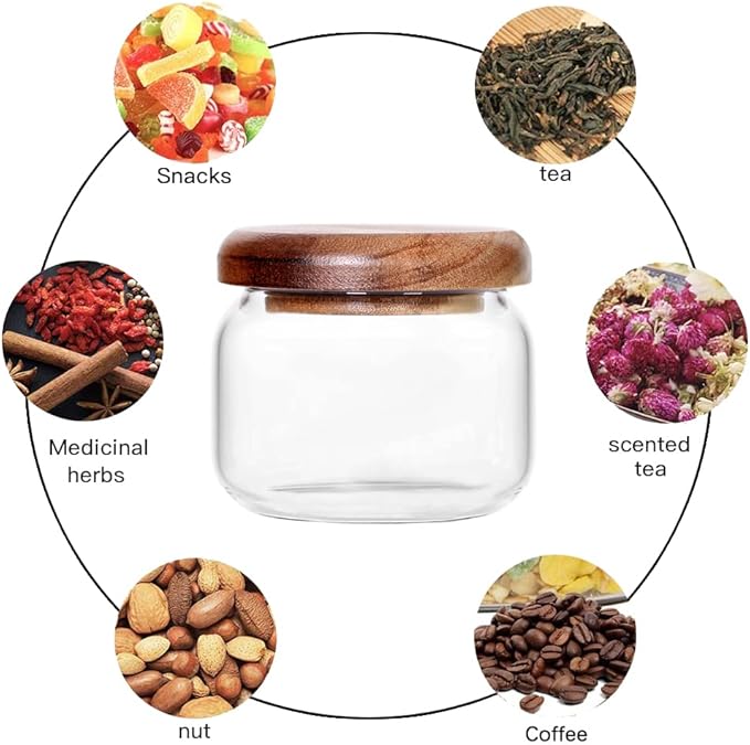 SAIOOL Kitchen Canisters Set of 6-8.5oz Glass Spice Jars With Acacia Airtight Lid and Labels Round Spice Bottles for kitchen Seasoning Baby Food Kids Snacks Meal Prep Containers Candle