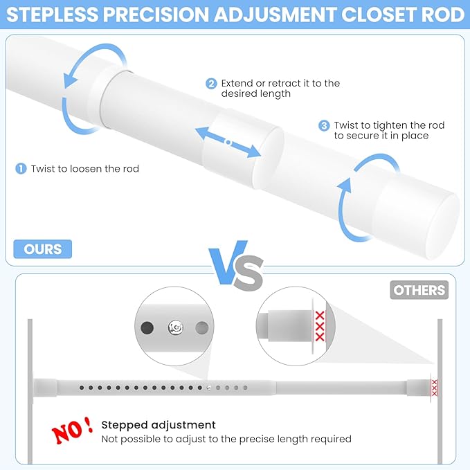 Closet Rods for Hanging Clothes, 17 to 99 Inch Heavy Duty Stepless Adjustable Closet Hanging Rod, 1.3 Inch Diameter Metal Closet Rod for Wardrobes Laundry Bedroom RV, White