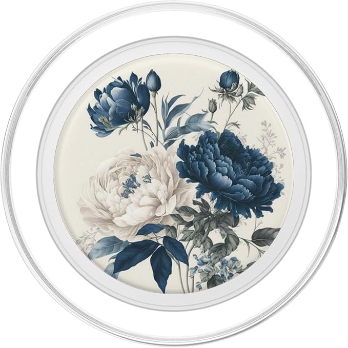 Navy Blue Peonies Blossom Leaves White Flowers Floral Girly PopSockets Adhesive PopGrip