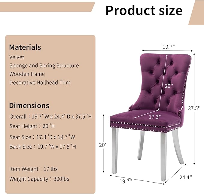 Luxury Upholstered Dining Chairs Set of 6, Purple Kitchen Chair with Silver Metal Legs, Velvet Tufted Back Dining Chair, Sillas de Comedor, Modern Kitchen & Dining Room Chairs (Purple, 6 Pcs)