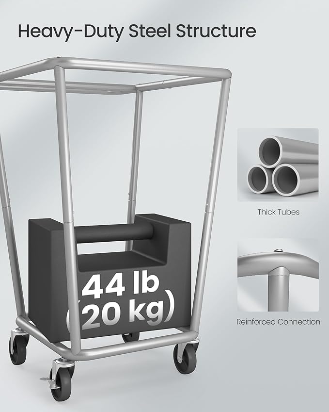 SONGMICS Laundry Basket with Wheels, 34.3 Gallons (130 L) Rolling Laundry Hamper with Removable Bag, Heavy-Duty Steel Frame, Ink Black URLS008B01
