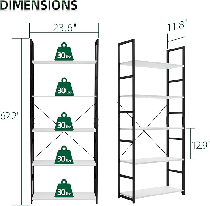 OTK 5 Tier Bookshelf, Tall Bookcase, Office Shelf Storage Organizer, Modern Book Shelf for Living Room, Bedroom, and Home Office, White