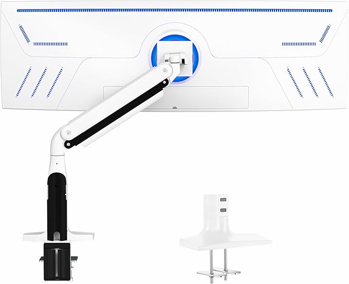 VIVO Premium Tilt Joint Ultrawide Monitor Stand, Fits up to 49 inch Computer Screens, Single Articulating Pneumatic Arm, C-Clamp and Grommet Desk Mount, Max VESA 200x100, White, STAND-V100HW