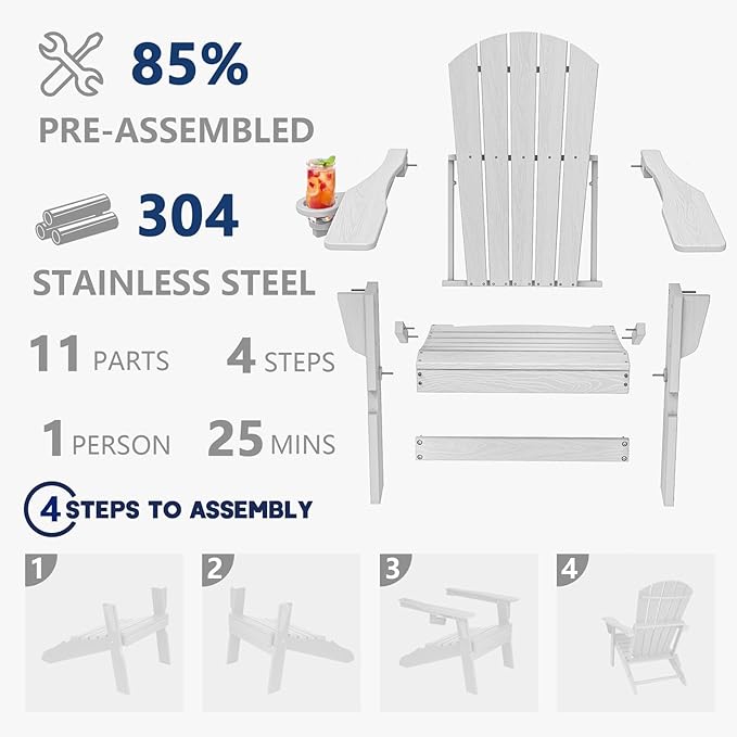 Plawdlik Folding Adirondack Chair, SGS Tested, Wooden Textured with Cup Holder, Heavy All-Weather HDPE Comfortable Set Poolside Backyard Lawn White Set 2