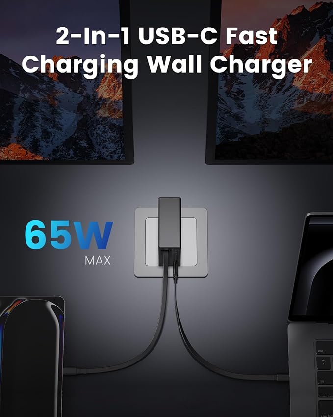 2 65W 2 40W Type-C Retractable Wall Chargers and 1 Power Strip 12-in-1 Modular Charging Station