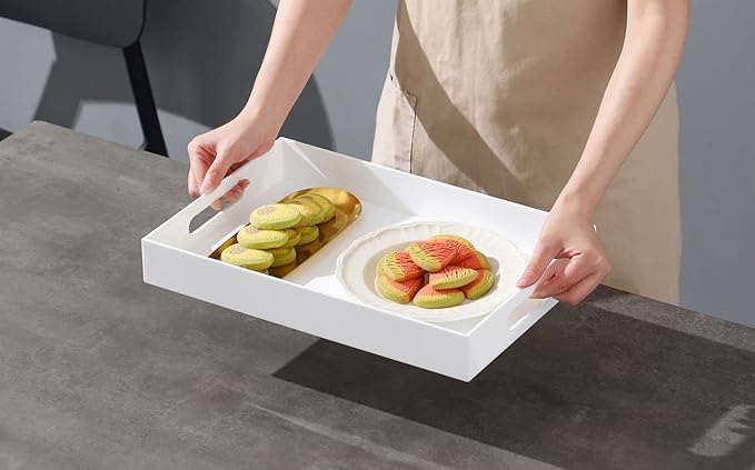 Glossy White Sturdy Acrylic Serving Tray with Handles-12x20Inch-Serving Coffee,Appetizer,Breakfast,Butler-Kitchen Countertop Tray-Makeup Drawer Organizer-Vanity Table,Ottoman Tray-Decorative