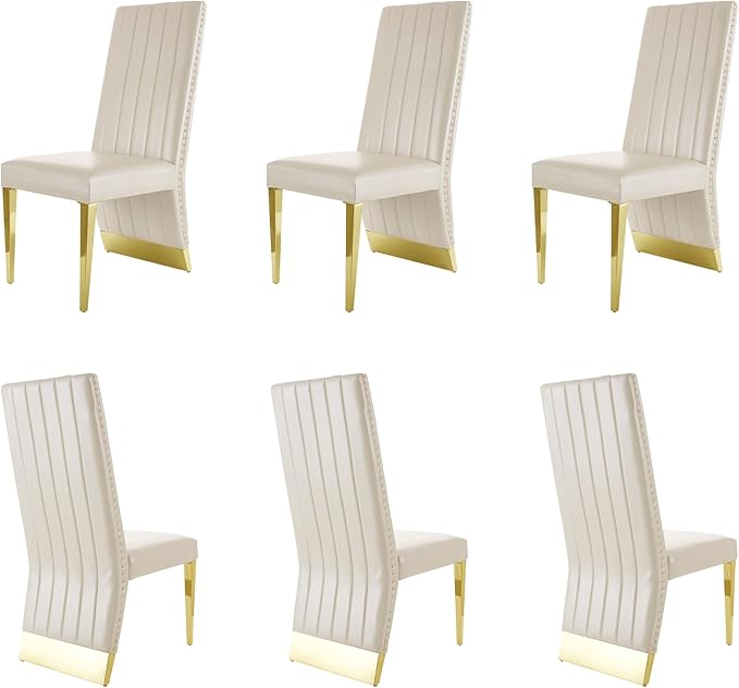 Dining Chairs, White Faux Leather Upholstered Dining Chair with Nailhead Trims, Gold Dining Room Chairs Set of 6