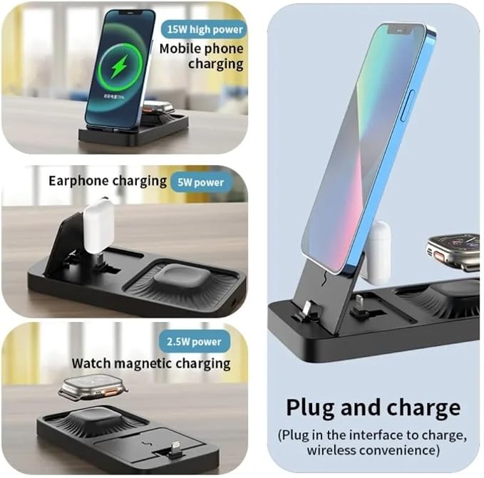 3 in 1 Desktop Foldable Wireless Charger Stand for iPhone 14 13 12 11 Pro Max 10 XS Apple Watch 10 9 8 7 6 5 4 3 2 AirPods Pro 2 (Black)