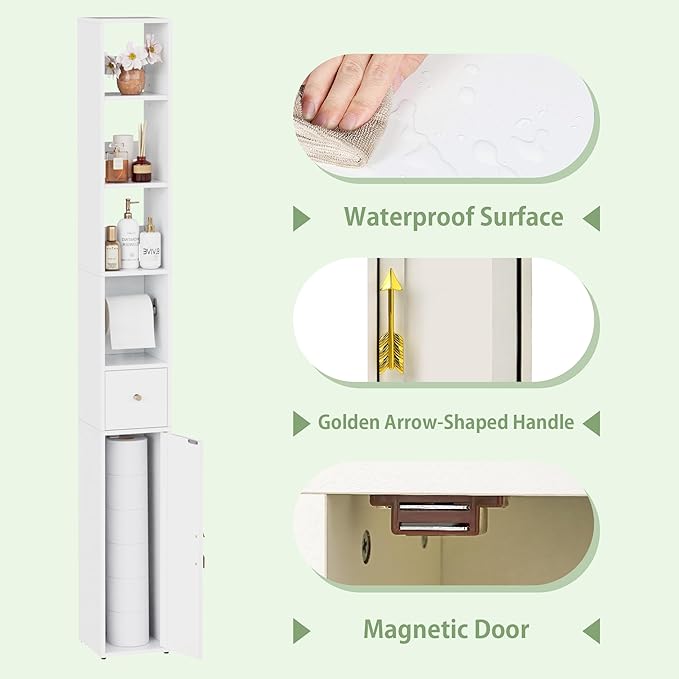 VECELO Tall Narrow Storage Cabinet with 3 Adjustable Shelves, Slim Freestanding Bathroom Cabinet with Toilet Paper Holder, Magnetic Door & Drawer, for Small Spaces, 7.9" D x 7.9" W x 67" H, White