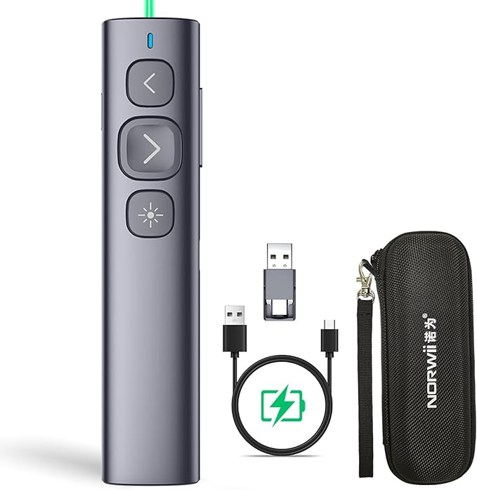 Norwii N95 Presentation Clicker, PowerPoint Clicker for Presentation Remote, Rechargeable Wireless Presenter Pointer, Slide Advancer for PC/Laptop/e-Book (BLE&USB-A&C, Green Light)