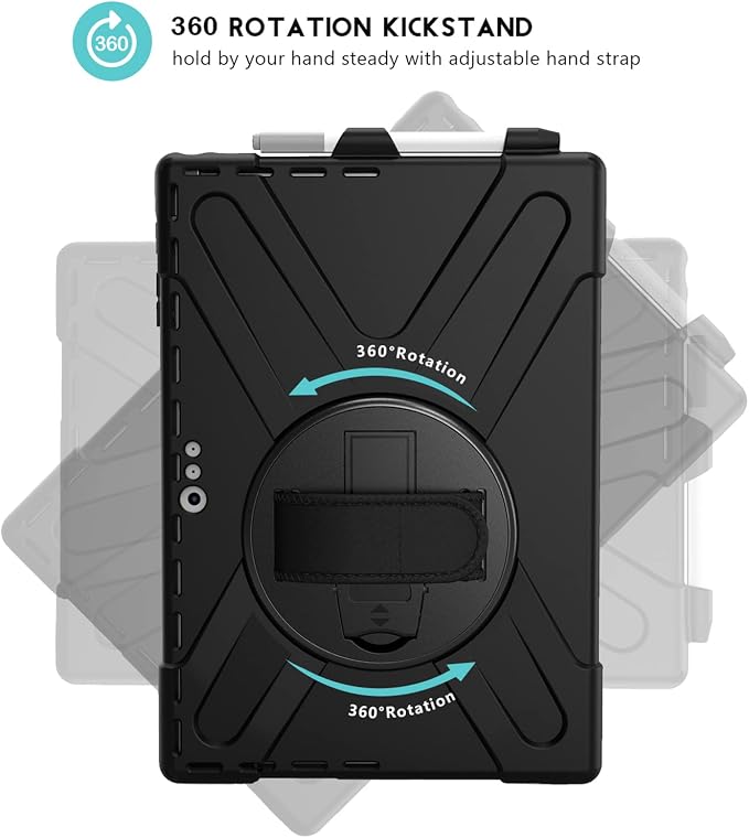 ProCase Surface Pro 6/ Surface Pro 5/ Pro 4/ Pro LTE Case Full Body Hybrid Protective Case 360 Degree Rotatable Heavy-Duty Cover with Adjustable Hand Strap Shoulder Belt and Kickstand -Black