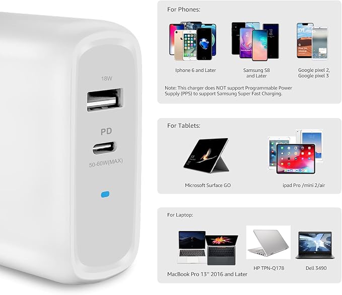 Amazon Basics 68W Two-Port GaN Wall Charger with 1 USB-C (60W) &amp 1 USB-A Ports (18W) with PD for Laptops Tablets &amp Phones (iPhone 16/15/14/13/12/11/X iPad MacPro Samsung More) Non-PPS B