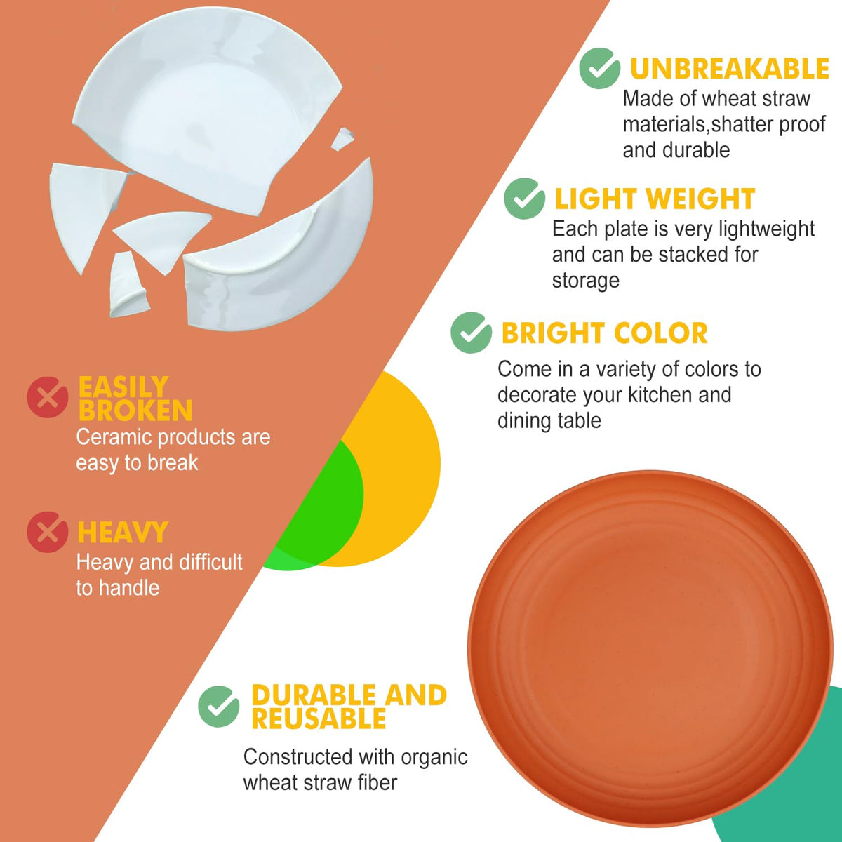 Homienly Deep Dinner Plates Set of 8 Alternative for Plastic Plates Microwave and Dishwasher Safe Wheat Straw Plates for Kitchen Unbreakable Kids Plate Set with 4 Colors (Classic Bright, 9 inch)