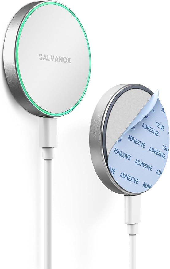 Galvanox Compatible with MagSafe Wall Mounted Magnetic Wireless Charger (15W) Fast Charging Stick-on Adhesive Design with Removable USB-C Cable (Black 10 FT)