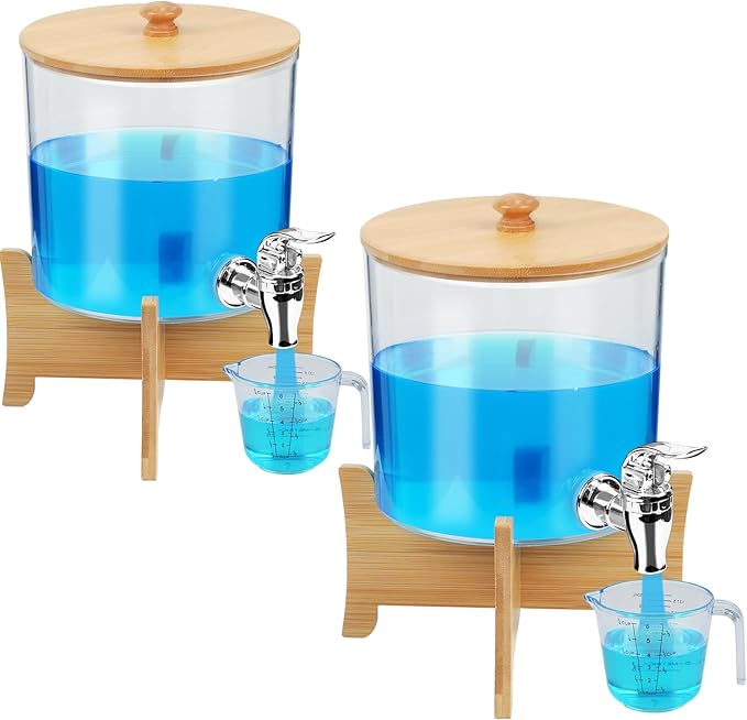 2*Laundry Detergent Dispenser with Shelf & Bamboo Lid - 158 Oz Liquid Detergent, Laundry Soap & Fabric Softener Dispenser for Laundry Room Organization and Storage with 2 Cups & 20 Labels