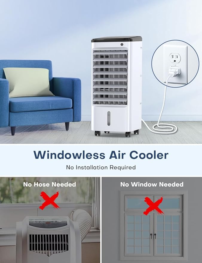 CENSTECH 4-IN-1 Portable Air Conditioners, Evaporative Air Cooler w/3Modes & 3Speeds, 12H Timer for Smart Auto-off, 1-Gal Tank for 15H Cooling, 26FT Remote, No Hose Needed, 70°Oscillating Swamp Cooler