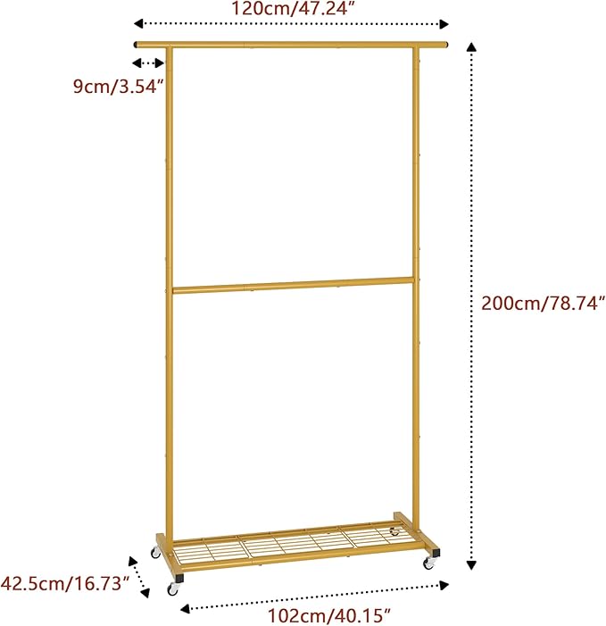 Sywhitta Double Rod Clothing Garment Rack, Rolling Coat Hanger with Bottom Mesh, Clothing Rack for Hanging Clothes, Coats, Skirts, Sweaters, Gold