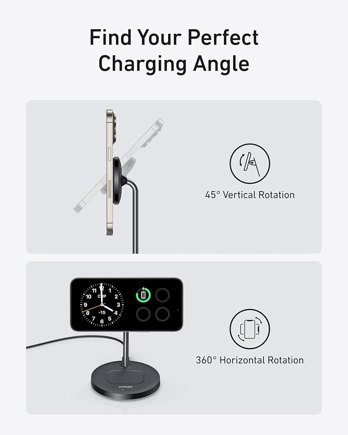 Anker MagGo 2-in-1 MagSafe Compatible Qi2 15W Wireless Charging Stand | Qi2 Certified Fast Charging Wireless Charger for iPhone 17 AirPods Pro and More (Black 40W Adapter Included)