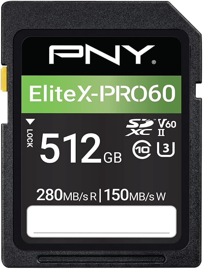PNY 512GB EliteX-PRO60 UHS-II SDXC Memory Card - R280MB/s W150MB/s, U3, V60, 4K UHD, Full HD, UHS-II for Professional Photographers & Content Creators, DSLR Mirrorless Cameras, Advanced Video Cameras