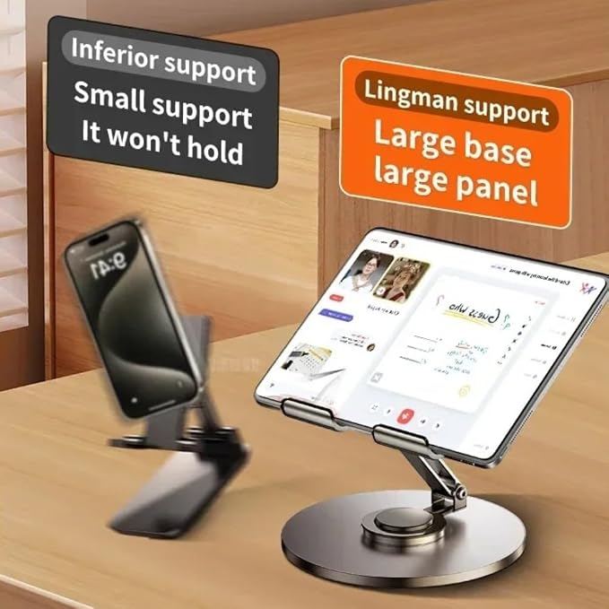 360° Rotation Adjustable Aluminum Alloy Foldable Tablet &amp Phone Stand Universal Desktop Mount for iPhone iPad (Black)