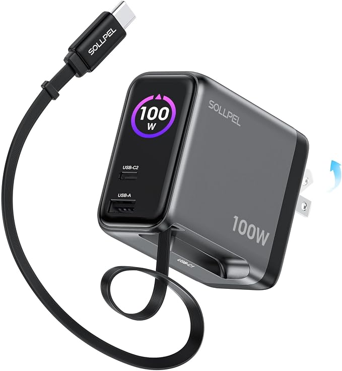 100W GaN USB C Retractable Charger with Smart Display Compact 3-Port Fast Charging Wall Adapter with Foldable Plug for MacBook Pro/Air iPhone 17/16 Galaxy S26 iPad