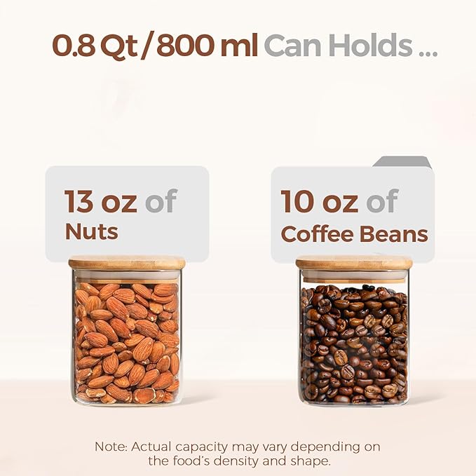 ComSaf 0.8 Qt Glass Food Storage Jars Set of 6, Clear Storage Containers with Airtight Lids, Pantry Organization Jar, Spice Jar, Blooming Tea, Oat, Coffee and Sugar Container, Canister Set for Kitchen