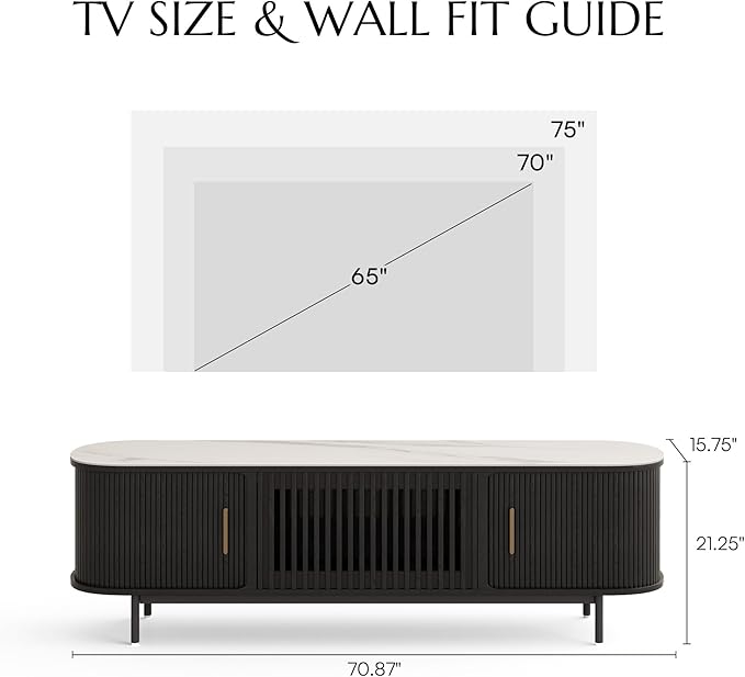 POVISON Sliding Tambour Door TV Stand, Mid Century Modern Sintered Stone TV Console, Wood Media Console for 70 Inch TV, Entertainment Center with Storage Cabinet, Fully-Assembled (Black, 70.87")