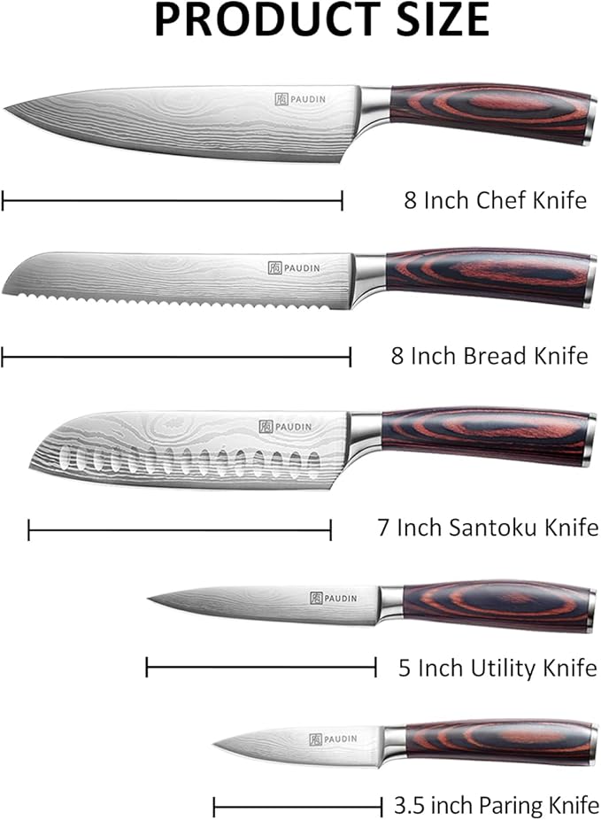 PAUDIN Knife Set, 5PCS Kitchen Knife Set without Block, Stainless Steel Chef Knife Set with Pakkawood Handle, Professional Kitchen Gift Sets for Cooking Lovers & Farther's Day