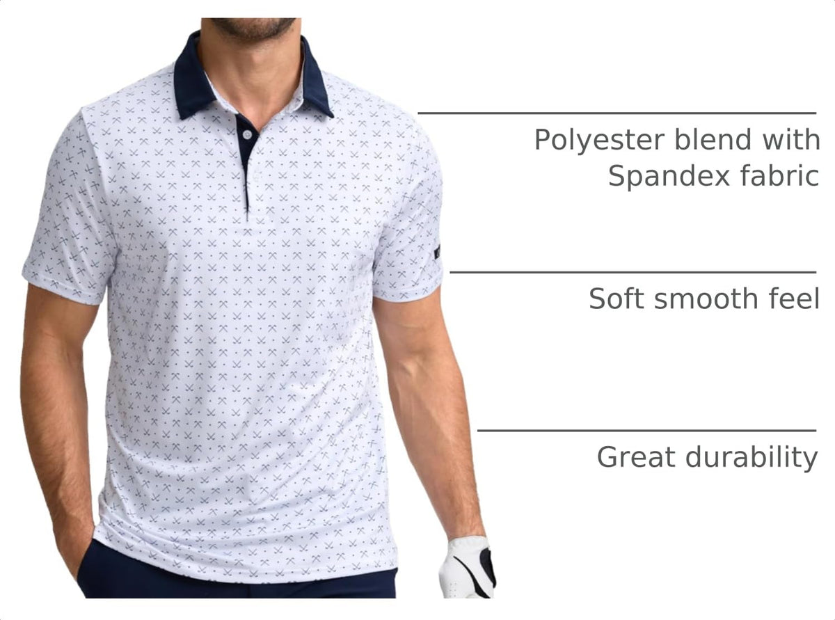 Obla Mens Golf Polo Shirts Short Sleeve Dry Fit Performance Moisture Wicking Casual Print Collared Golf Shirts for Men(White Golf Clubs_XL)