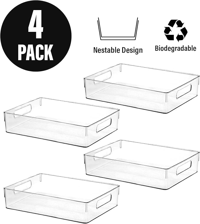 Large Clear Plastic Storage Bins, Pantry Organizers and Storage Containers Fridge Organizer Bins for Organizing Home Kitchen Under Sink Bathroom Refrigerator Freezer Laundry Room
