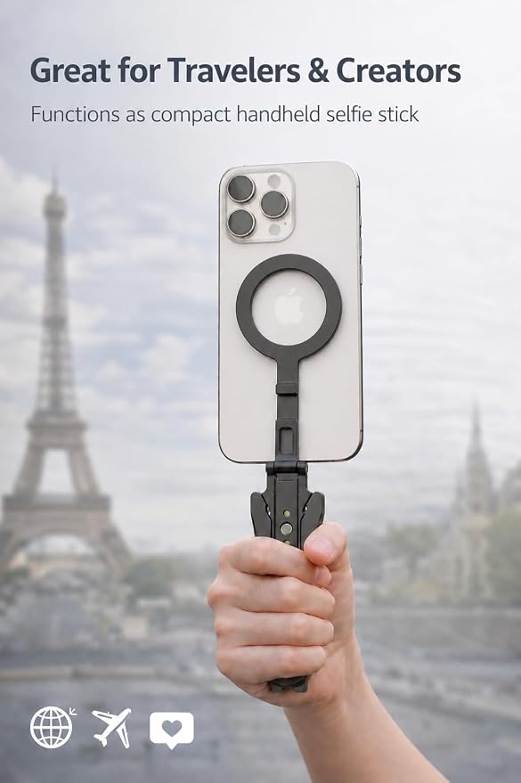 MagSafe Magnetic Foldable Phone Tripod for iPhone &amp Android | Strong magnetic hold • Pocket size • Foldable design • FaceTime • Video recording • Selfie grip • Travel stand • Desk stand