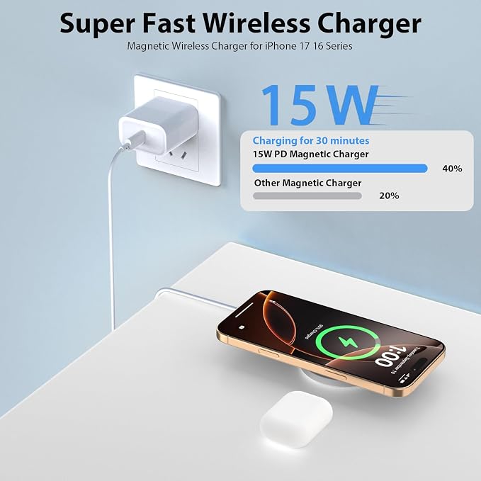 Magnetic Wireless Charger [Apple MFi Certified] 3.3FT 15W Fast Apple Mag-Safe Charger Pad with USB C Fast Charging Block Compatible with iPhone 17/Air/Pro/Pro Max/16/15/14/13/Plus/Pro/Pro MaxAirPods