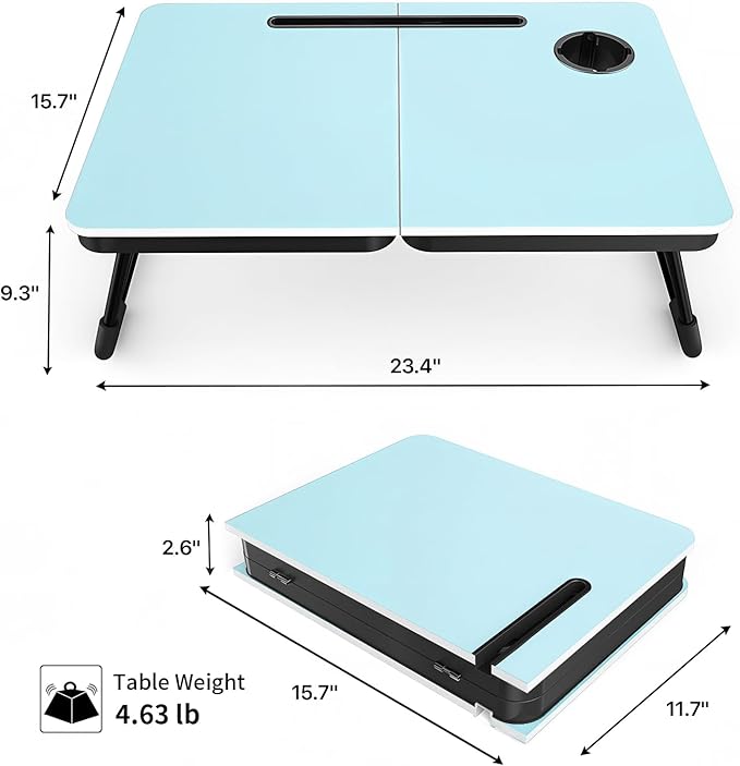 BUYIFY Foldable Laptop Bed Desk for Couch, Sofa - Large Lap Desk Tray Table with Cup Holder and Tablet Slot - Portable Notebook Stand for Eating, Writing, Studying and WFH (Blue)