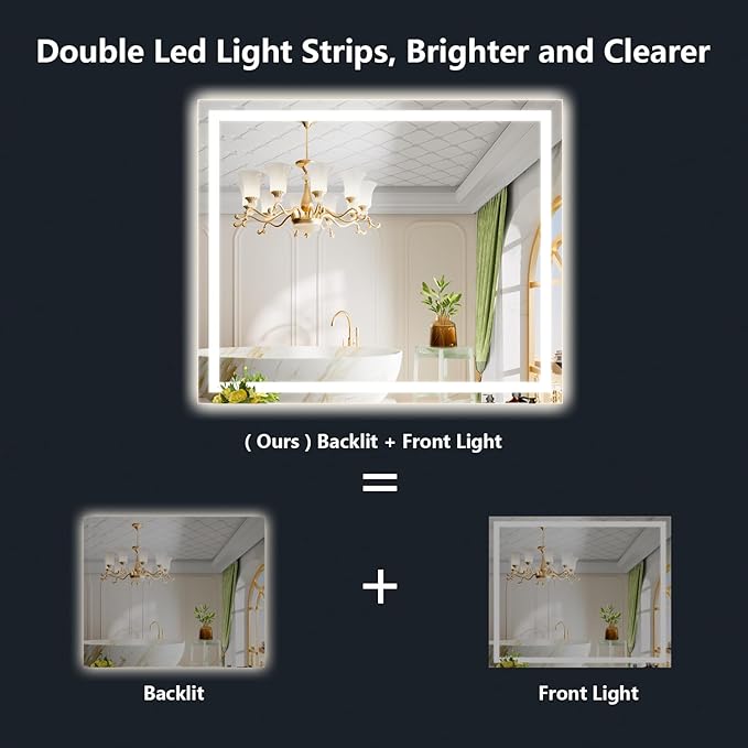 YEELAIT 44x32 Inch LED Bathroom Mirror with Lights Front and Backlit Lighted Vanity Mirror for Bathroom Wall with 3 Colors Dimmable Anti-Fog Memory Shatter-Proof IP54 Waterproof Horizontal/Vertical