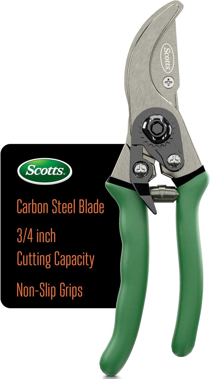 Scotts 8 in. Bypass Pruning Shears – 1/2 in. Cutting Capacity; Gardening Hand Pruner with Sharp Carbon Steel Blade and Non-Slip Grip – Lightweight Garden Tool for Live Plants and Soft Stems