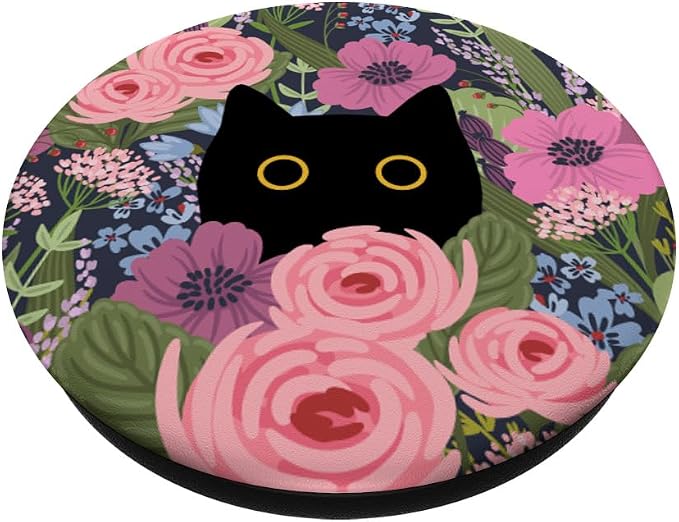 Black Cat Hiding in Garden Flowers Cute Floral Pattern PopSockets Adhesive PopGrip