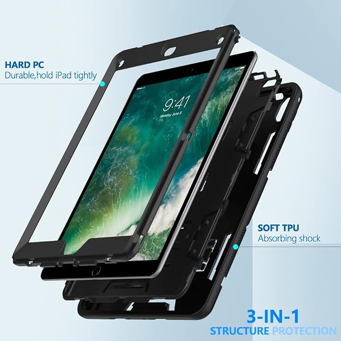 Puxicu Case for iPad 6th / 5th Generation (2018 2017 Model 9.7 Inch) Heavy Duty Rugged Protective Cover for iPad 9.7 Black