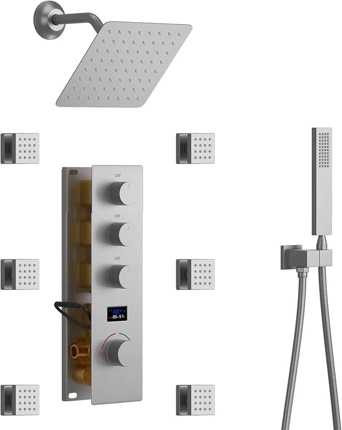 KATAIS Digital Tempreature Display Full Body Shower System Wall Mounted 8 Inch Rain Shower System with 6 PCS Body Jets, Handheld Spray, Brushed Nickel Shower Fixtures