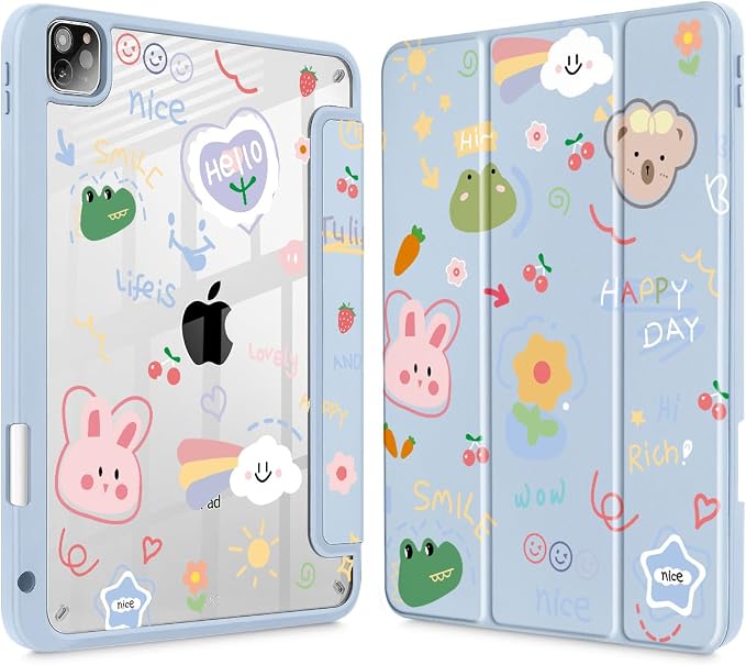 May Chen Case for iPad 12.9 Inch (6th/5th/4th/3rd Generation 2022/2021/2020/2018) Pencel Holder + Trifold Support Auto Sleep/Wake Transparent Shockproof Back Cover Blue Bows