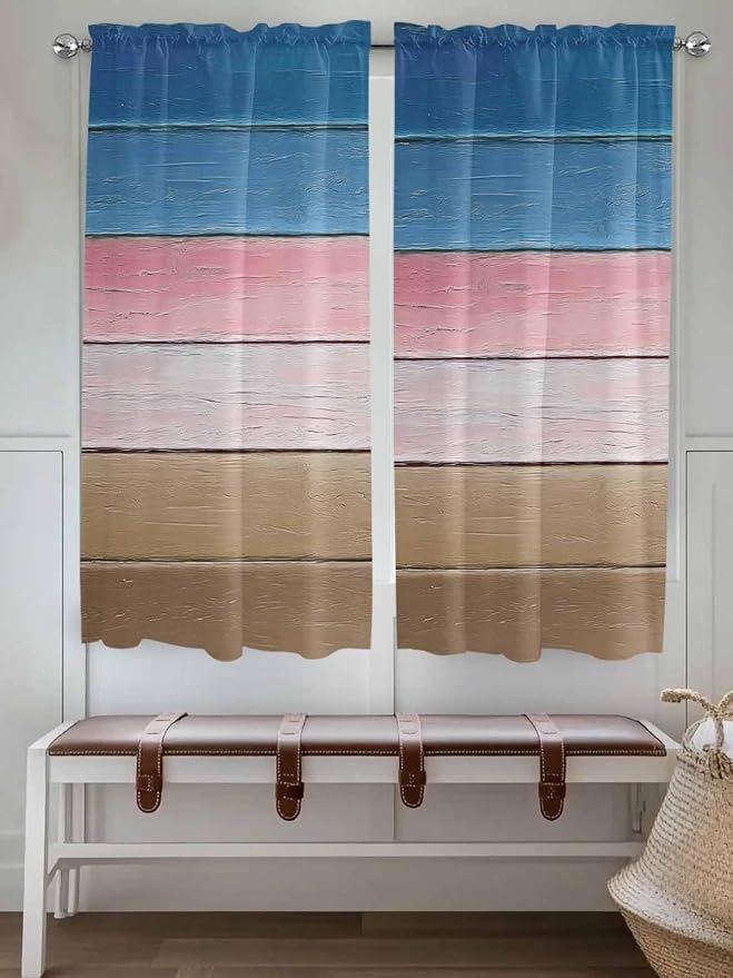 Blue Pink Brown Gradient Wood Grain Window Valance Curtains, Vintage Wood Board