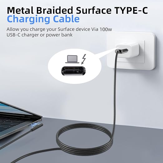 PD100W USB-C Charger Cable Compatible with Surface Pro Laptop Microsoft Surface Pro 10/9/8/7+/7/6/5/4/3/X Windows Surface Laptop 6/5/4/3/2/1 Surface Go Tablet Surface Book Support 65W/45W6FT