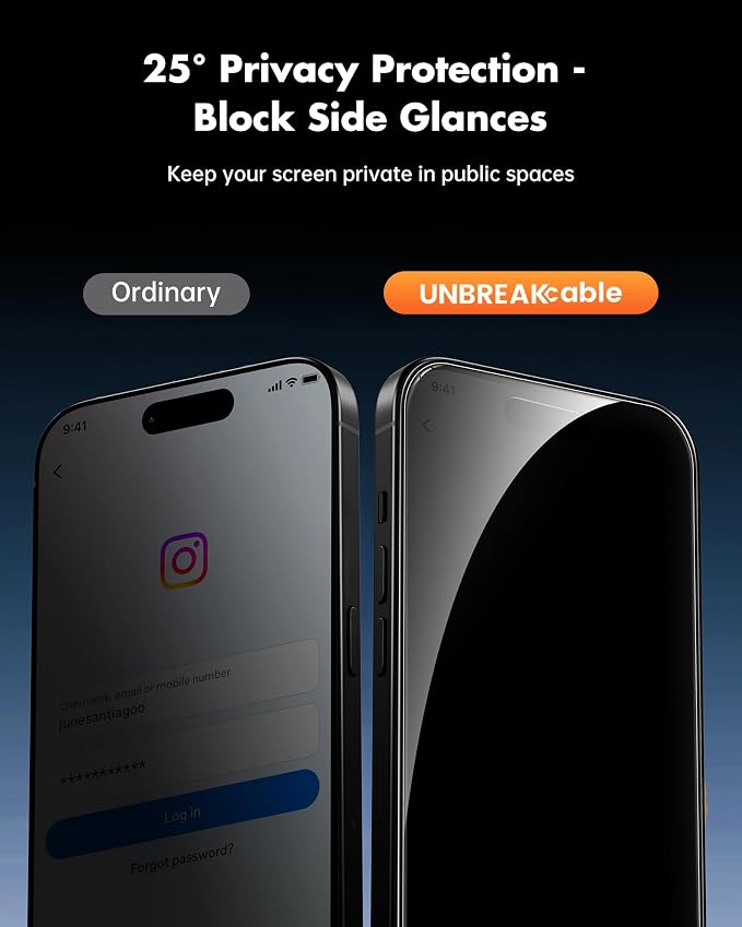 UNBREAKcable iPhone 15 Privacy Screen Protector 2-Pack Upgraded Dual-Tempered Glass + 2 Camera Lens Protectors 25° Anti-Spy Military-Grade 9H+ HD Clear Anti-Fingerprint 6.1 Inch