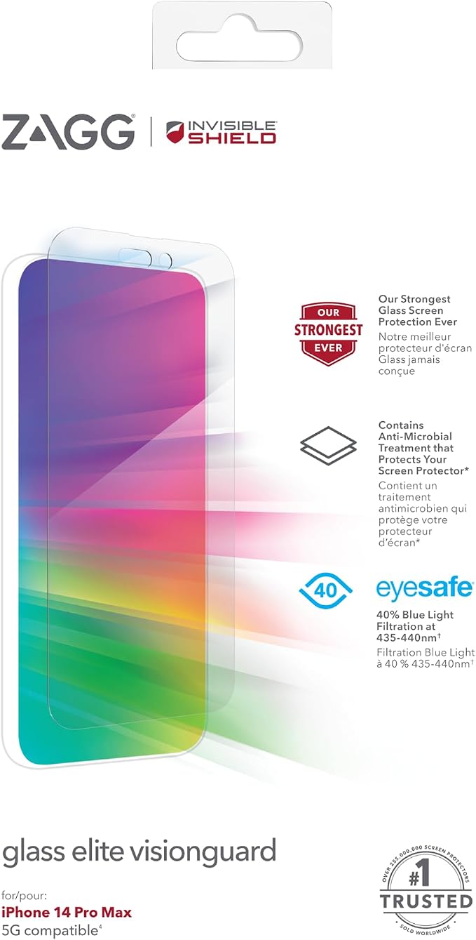 ZAGG InvisibleShield Glass Elite VisionGuard Screen Protector for iPhone 14 Pro Max Shockproof Scratch Resistant Blue-Light Anti-Microbial (Clear)