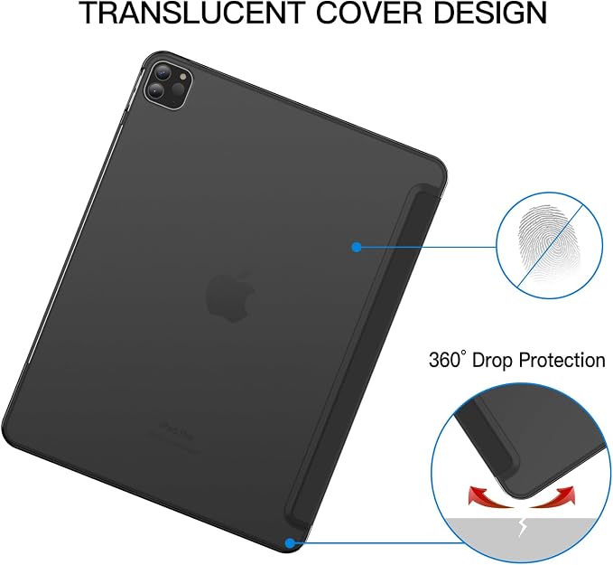 JETech Case Cover for iPad Pro 12.9 6th/5th Gen (2022/2021) Black | Slim Translucent Back Design Tri-Fold Stand Auto Wake/Sleep Lightweight Shockproof Protection