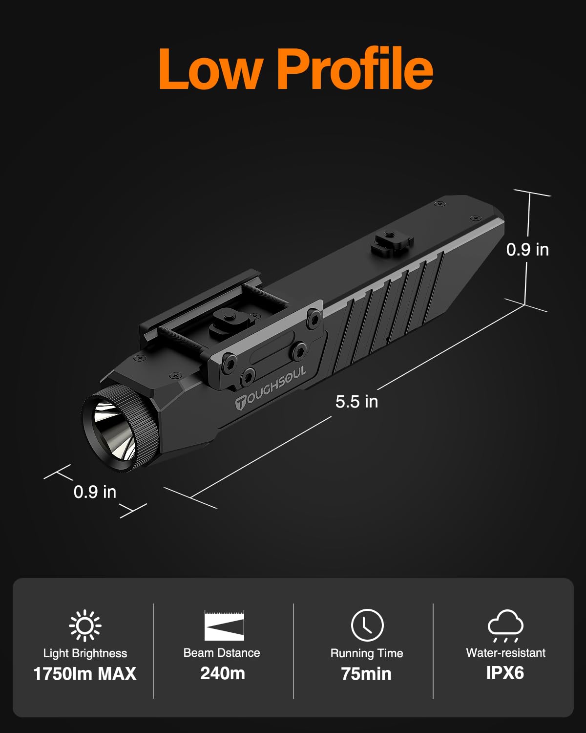 TOUGHSOUL Tactical Flashlight 1750 Lumen Picatinny Rail MLOK Mounted