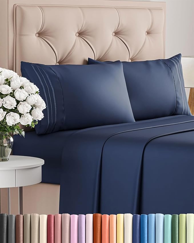 Cal King Size 4 Piece Sheet Set - Comfy Breathable & Cooling Bed Sheets Set - Hotel Luxury Bedding for Women, Men, Kids, Teens, Boys & Girls - Deep Pockets, Soft, Wrinkle Free - Oeko-Tex - Navy Blue