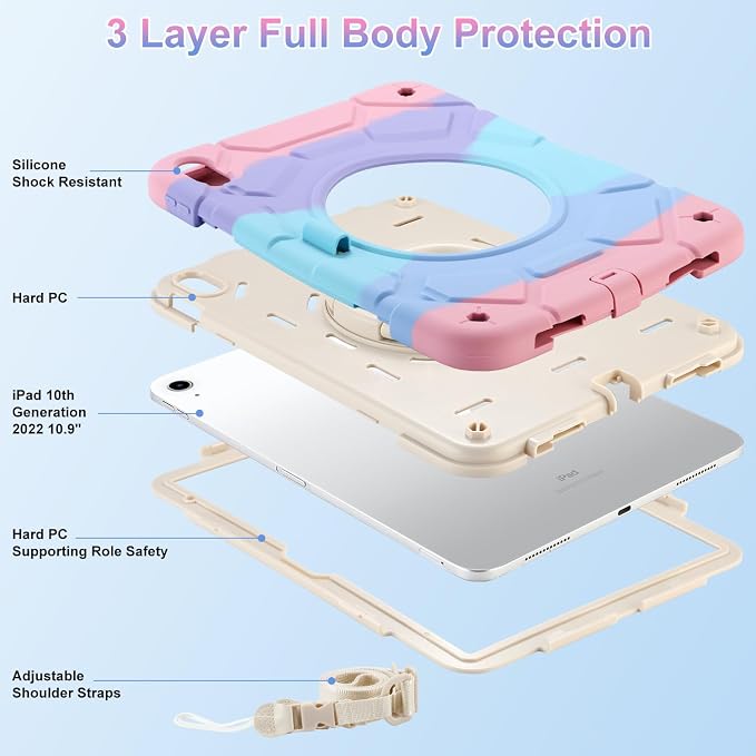 for iPad (A16) 11th Generation case 11''(2025)/10th Generation case 10.9''(2022)360°Rotatable Stand with [Pencil Holder&ampShoulder Strap] Heavy Duty Shockproof Protective Silicone Case (Black)