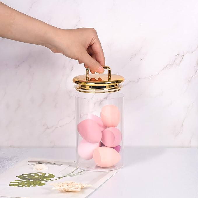 2 Pack 24 oz Medium Acrylic Storage Apothecary Jar with Gold Airtight Lid | Bathroom Vanity Organizer Containers | Ideal Decorative Canisters for Shells, Bath Salt, Grains, Cotton Ball, Flossers