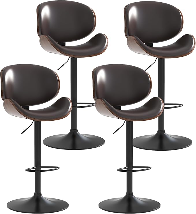 Adjustable Swivel Bar Stools Set of 4, Modern Bentwood Barstool with Large Metal Base and Footrest, PU Leather Upholstered Bar Chair with Curved Back for Kitchen Island Dining Room, Brown