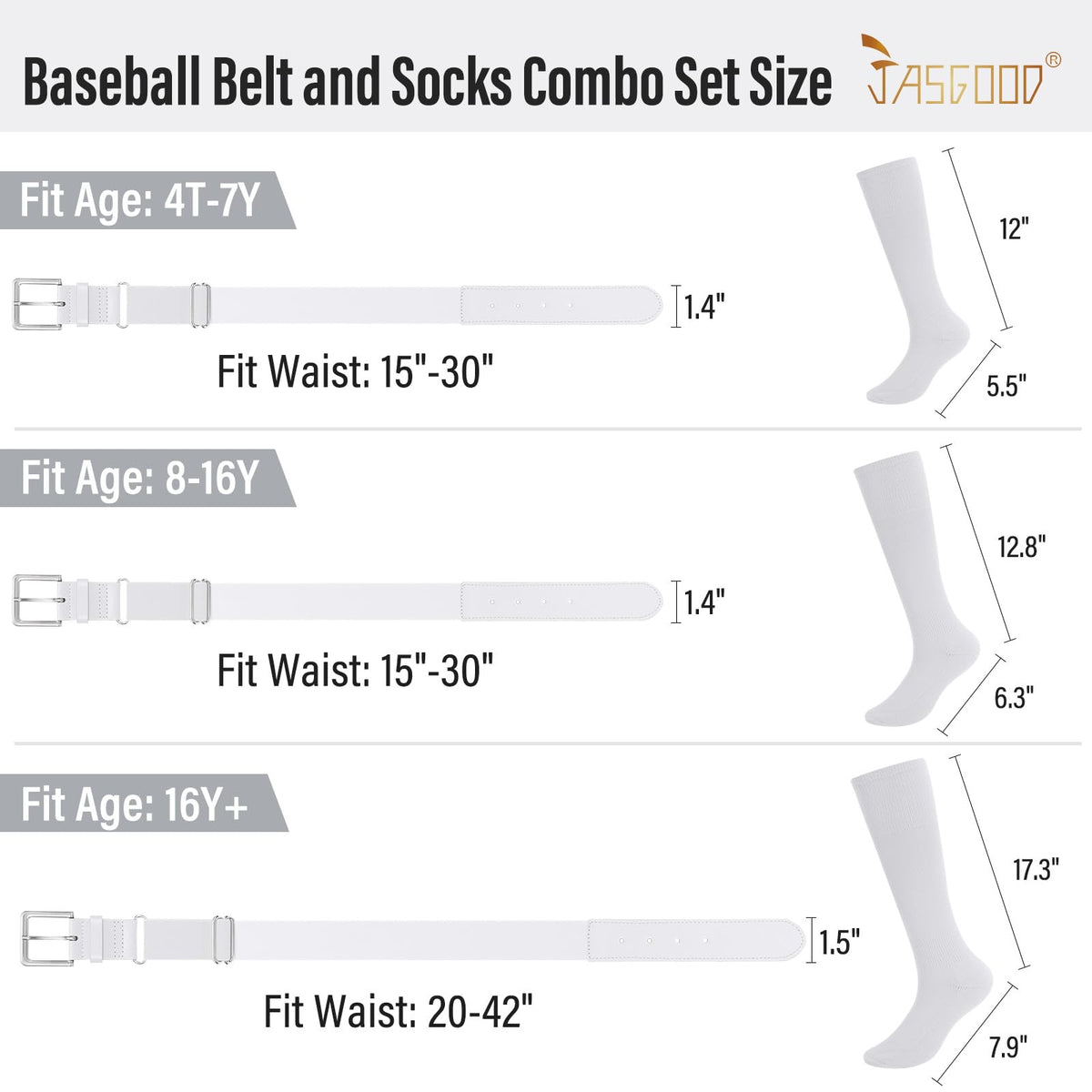 JASGOOD Baseball Socks and Belt for Youth Adult Softball Socks and Belt Combo Elastic Belt for Men, White